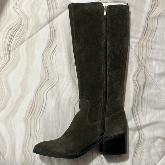Marc Fisher Rela riding boots, block heel. Winter Olive Green Suede - Picture 2 of 8